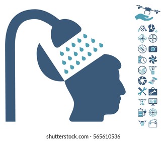 Open Mind Shower icon with bonus quad copter tools clip art. Vector illustration style is flat iconic cyan and blue symbols on white background.