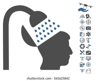 Open Mind Shower icon with bonus uav tools pictograms. Vector illustration style is flat iconic cobalt and gray symbols on white background.