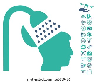 Open Mind Shower icon with bonus airdrone tools symbols. Vector illustration style is flat iconic cobalt and cyan symbols on white background.