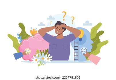 Composición de terapia de mente abierta con símbolos de estrés y ánimo ilustración vectorial plana