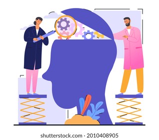 Open mind therapy concept. Psychologists got into the patient head and studied his emotional mental state. Psychological assistance to a person. Cartoon flat vector illustration on a white background