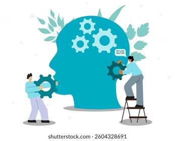 Open mind therapy to solve emotional inner mess tiny person bring gear to repair on silhouette of head concept. anxiety or frustration help support, mental health, self care. 