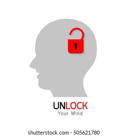 open mind, unlocked your mind concept. Illustration of human head, isolated on white background.