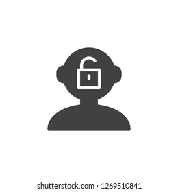 Open mind vector icon. filled flat sign for mobile concept and web design. Human head with open lock simple solid icon. Symbol, logo illustration. Pixel perfect vector graphics