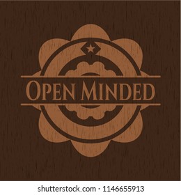 Open Minded badge with wooden background