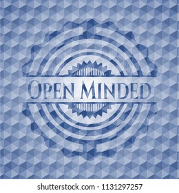 Open Minded blue emblem with geometric background.