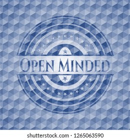 Open Minded blue emblem with geometric background.