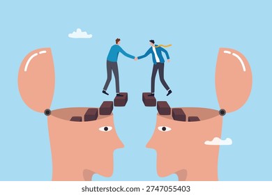 Open minded collaboration to success, understanding mindset, thinking cooperation to win together, agreement or union thought, interaction, business people walk stair handshaking on open minded head.