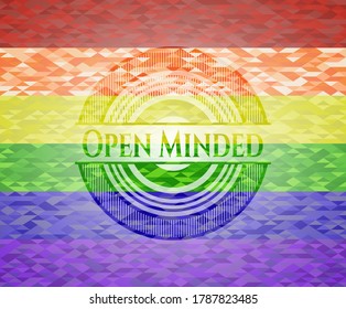 Open Minded emblem on mosaic background with the colors of the LGBT flag. 