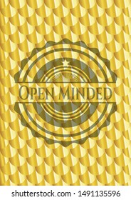 Open Minded gold emblem or badge. Scales pattern. Vector Illustration. Detailed.