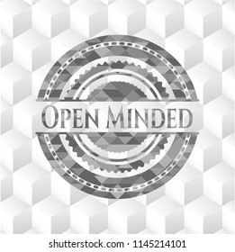Open Minded grey emblem. Retro with geometric cube white background