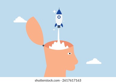 Open minded, human head open mind and launch rocket.