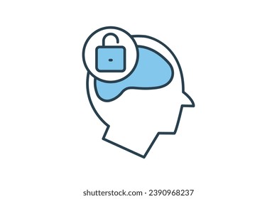 open minded icon. head with open padlock. icon related to core values. flat line icon style. simple vector design editable