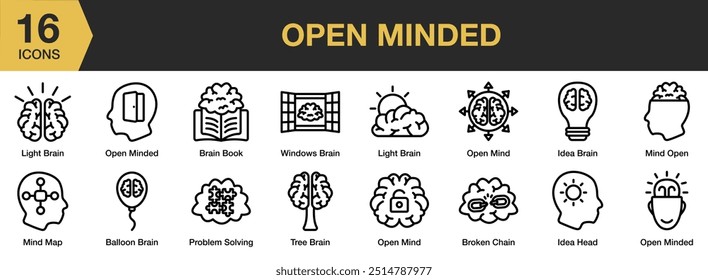 Open Minded icon set. Includes balloon brain, book, chain, idea, head, light, and More. Outline icons vector collection.