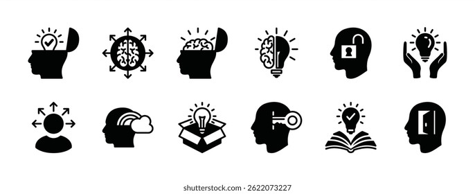 Open minded icon vector set. Containing human head with brain, idea, creativity, innovation, inspiration, imagination, creative, light bulb, thinking, learning, insight. Illustration