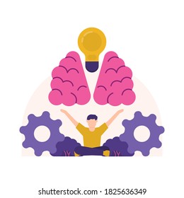 open minded and out of the box concept. brilliant and genius. illustration of a man meditating for ideas and serenity. brains, light bulbs, and gears. flat style. design elements