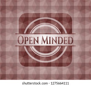 Open Minded red seamless emblem or badge with geometric pattern background.