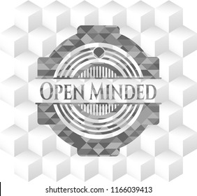 Open Minded retro style grey emblem with geometric cube white background