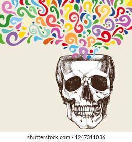 "Open minded" skull like a pot or casket and flow. Hand-drawn vector illustration for your unusual design.