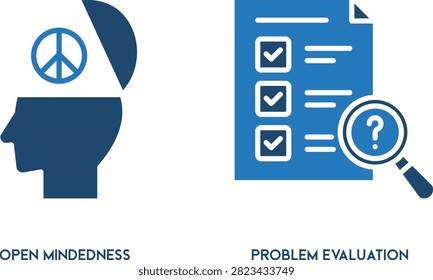 Open mindedness and problem evaluation concept with blue checkmarks and question mark circle