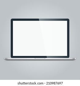 Open modern Laptop with blank screen isolated on white background. Computer monitor design metal illustration. Technology silver notebook. Black front display. Mobile desktop web concept. Vector EPS10