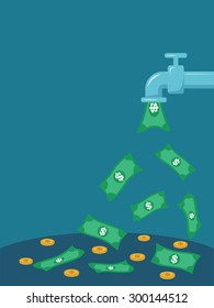open money from faucet. Vector illustration.