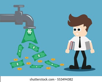 open money from faucet. Vector illustration.