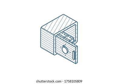 Open money safe with cash, secrecy banking concept, Isometric icon. 3d vector illustration. Isolated line art technical drawing. Editable stroke