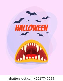 Open monster month with big teeth for Halloween banner design. Flying bats on abstract background. Celebration, party, holiday concept. Vector illustration for invitation or poster