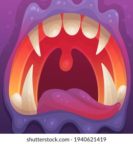 Open monster mouth with sharp teeth in bright colors, flat vector illustration.