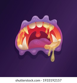 Open monsters mouth with violet lips and crooked teeth, cartoon flat vector illustration. Close up image of monsters face toothy jaws or mouth on purple background.