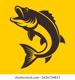 Open mouth bass fish leaping upward icon silhouette isolated on yellow background. Vector illustration.