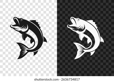 Open mouth bass fish leaping upward silhouette icon logo isolated on transparent background. Vector illustration.