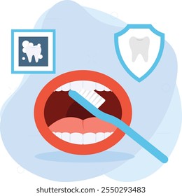 Concepto de cepillado de boca abierta de los dientes, hábitos diarios para proteger sus dientes, diseño de íconos de color de Vector, símbolo de odontología, signo de atención médica, instrumento dental