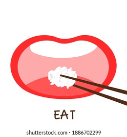 Open mouth cartoon with food and hand written font on white background vector illustration.