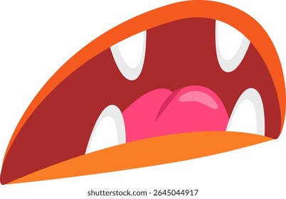 Open mouth of a cartoon monster roaring, displaying sharp teeth and a vibrant tongue, perfect for adding a playful yet spooky touch to Halloween themed projects and designs