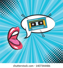 open mouth cassette speech bubble sunburst background pop art vector illustration
