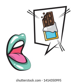 open mouth chocolate bar speech bubble pop art vector illustration
