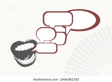 open mouth collage, bubble for text, blank banner for advertising, important message, shout illustration, trendy design in grunge style