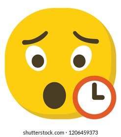 
Open mouth emoji with clock, waiting emoji flat icon 
