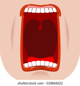 Open mouth facial. Teeth and tongue. Hunger. yawns on white background. Lips and throat
