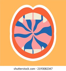 Open mouth with fangs on a yellow background. Cartoon, psychedelic style. flat design. Seamless pattern. Square posters, logo templates.
