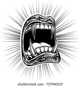 Open mouth with fangs of a toothy vampire on a Halloween. Disclosed jaws with sharp teeth. Vector hand drawing illustration of a tattoo in black ink retro vintage graphic style for a stamping print