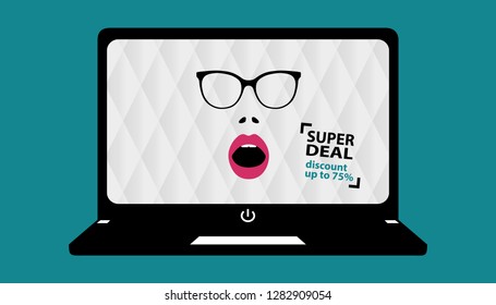 Open Mouth And Glasses On Computer - Discount Concept On Laptop - Editable Vector Illustration
