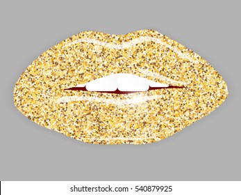 Open mouth with gold lips. Vector illustration.