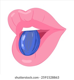Open mouth with a grape between the lips. Cartoon pink woman lips with a berry inside. Hand drawn vector illustration isolated on a white background.