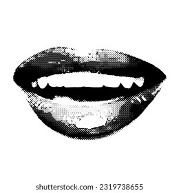 Open mouth halftone collage cutout sticker. Large open female lips laughing. Contemporary vector art. Fun, happy emotion. Cool crazy template, halftone design dotty style.