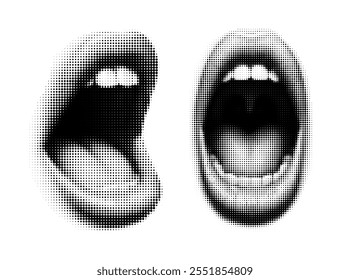 Open mouth halftone illustration. Bold dotted design mouth emphasizing expression and sound retro background