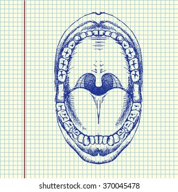 Open mouth hand drawn in copy book. Vector illustration
