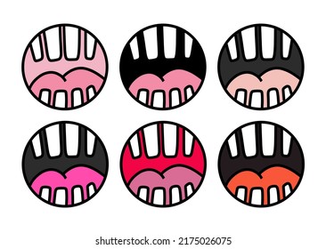 Open mouth hand drawn icon logotype set in cartoon doodle style teeth tongue skin cavity oral